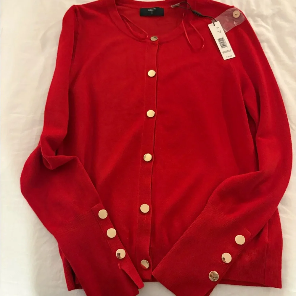 NWT T Tahari Red Cardigan with Gold Buttons - Picture 2 of 4